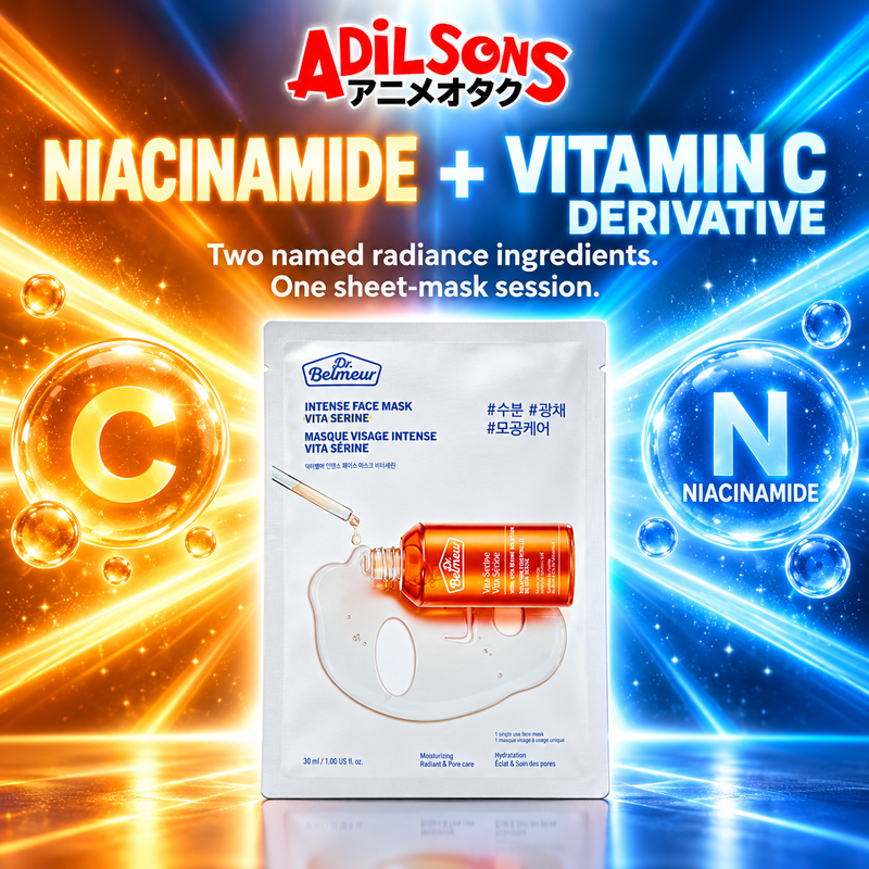 Adilsons Beauty Dr.Belmeur Vita Serine mask ad: NIACINAMIDE + VITAMIN C DERIVATIVE / Two named radiance ingredients. One sheet-mask session.
