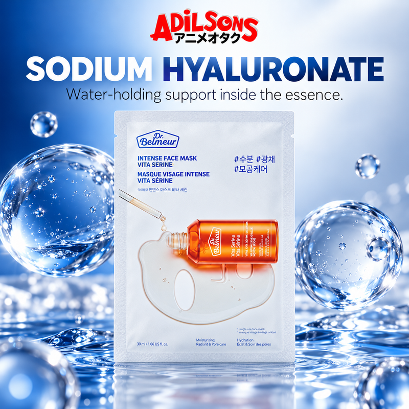 Adilsons Beauty Dr.Belmeur Vita Serine mask ad: SODIUM HYALURONATE / Water-holding support inside the essence.