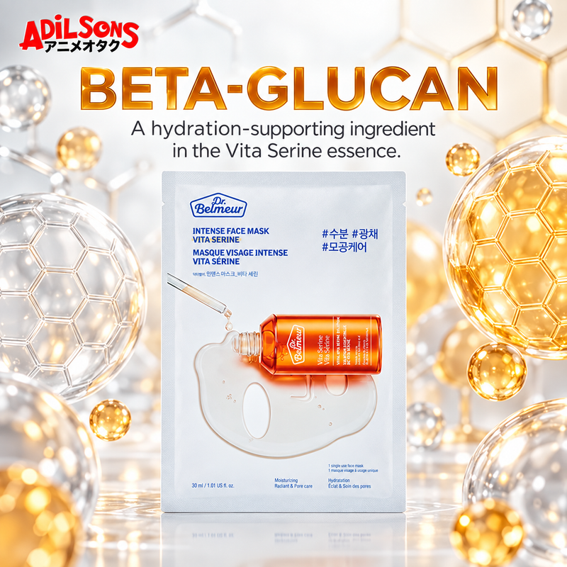 Adilsons Beauty Dr.Belmeur Vita Serine mask ad: BETA-GLUCAN / A hydration-supporting ingredient in the Vita Serine essence.