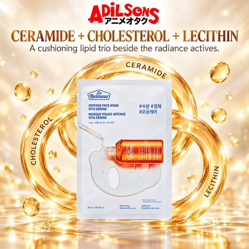 Adilsons Beauty Dr.Belmeur Vita Serine mask ad: CERAMIDE + CHOLESTEROL + LECITHIN / A cushioning lipid trio beside the radiance actives.