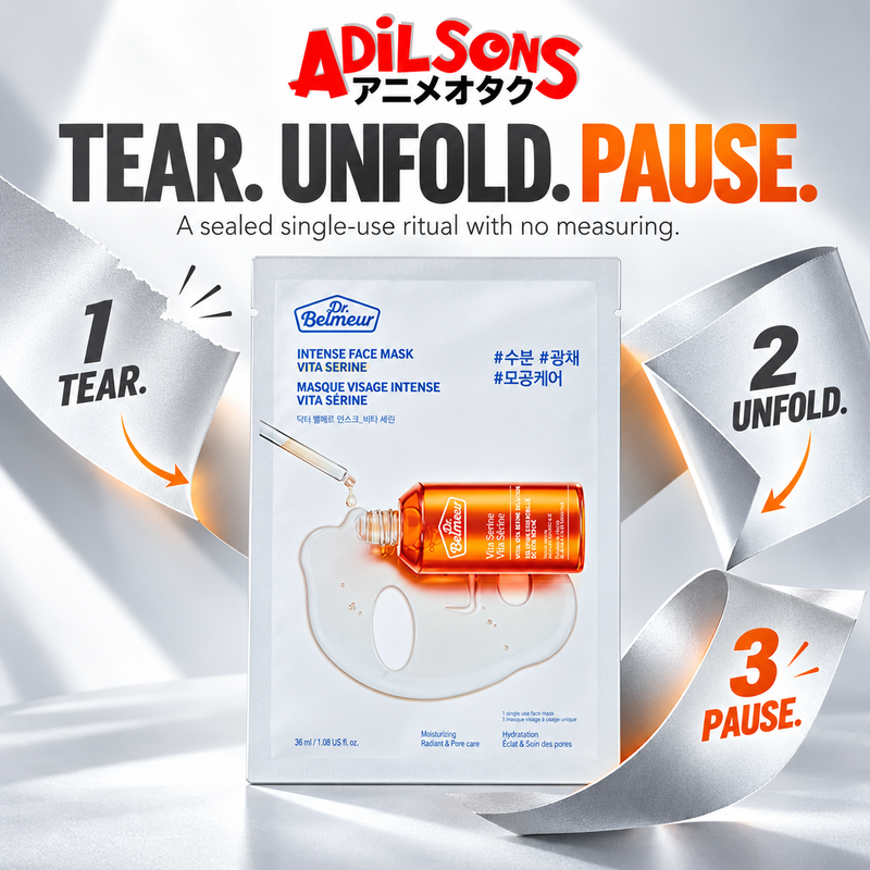 Adilsons Beauty Dr.Belmeur Vita Serine mask ad: TEAR. UNFOLD. PAUSE. / A sealed single-use ritual with no measuring.