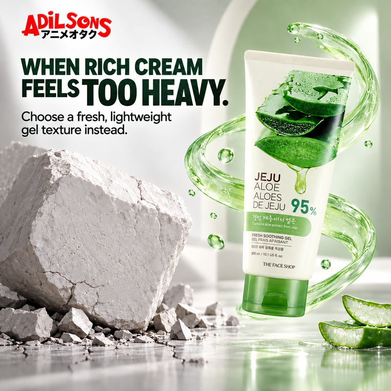THE FACE SHOP Jeju Aloe Fresh Soothing Gel tube creative 5: WHEN RICH CREAM FEELS TOO HEAVY.