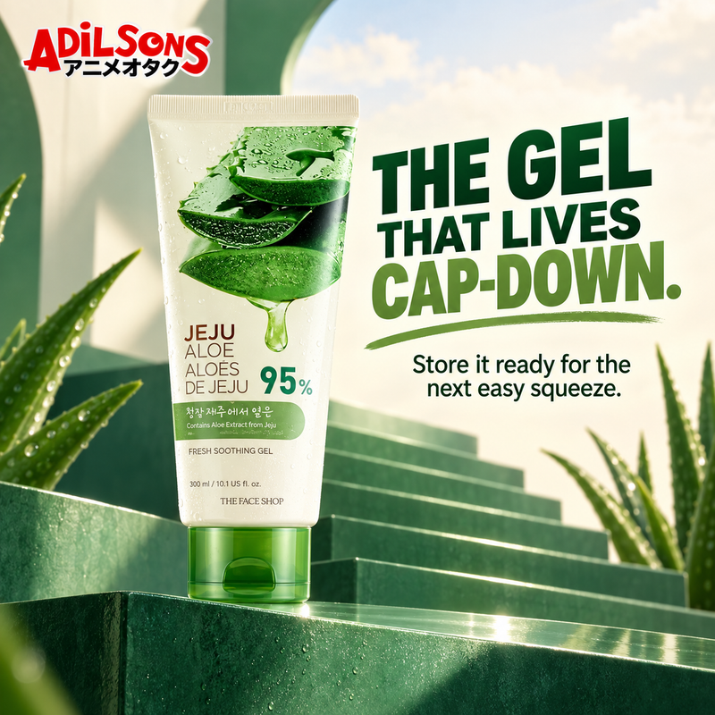 THE FACE SHOP Jeju Aloe Fresh Soothing Gel tube creative 10: THE GEL THAT LIVES CAP-DOWN.
