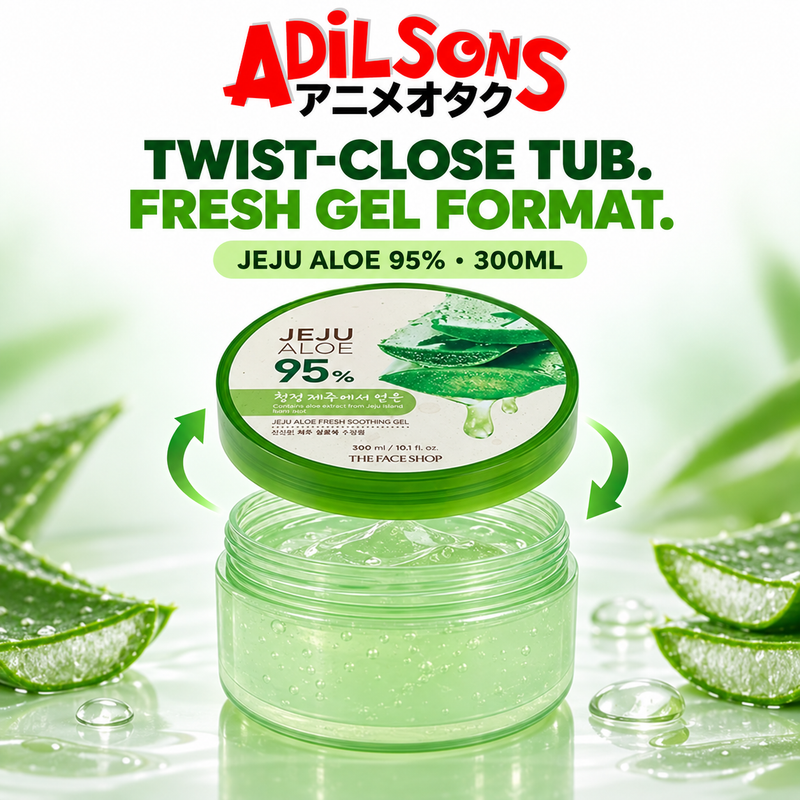 The Face Shop Jeju Aloe Fresh Soothing Gel 300ml round-tub creative: twist-close construction.