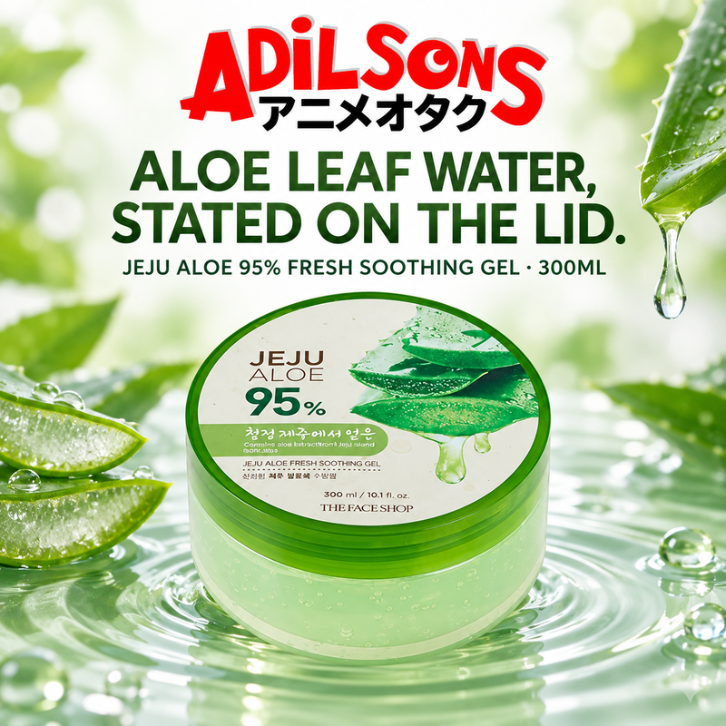 The Face Shop Jeju Aloe Fresh Soothing Gel 300ml round-tub creative: aloe leaf water lid statement.