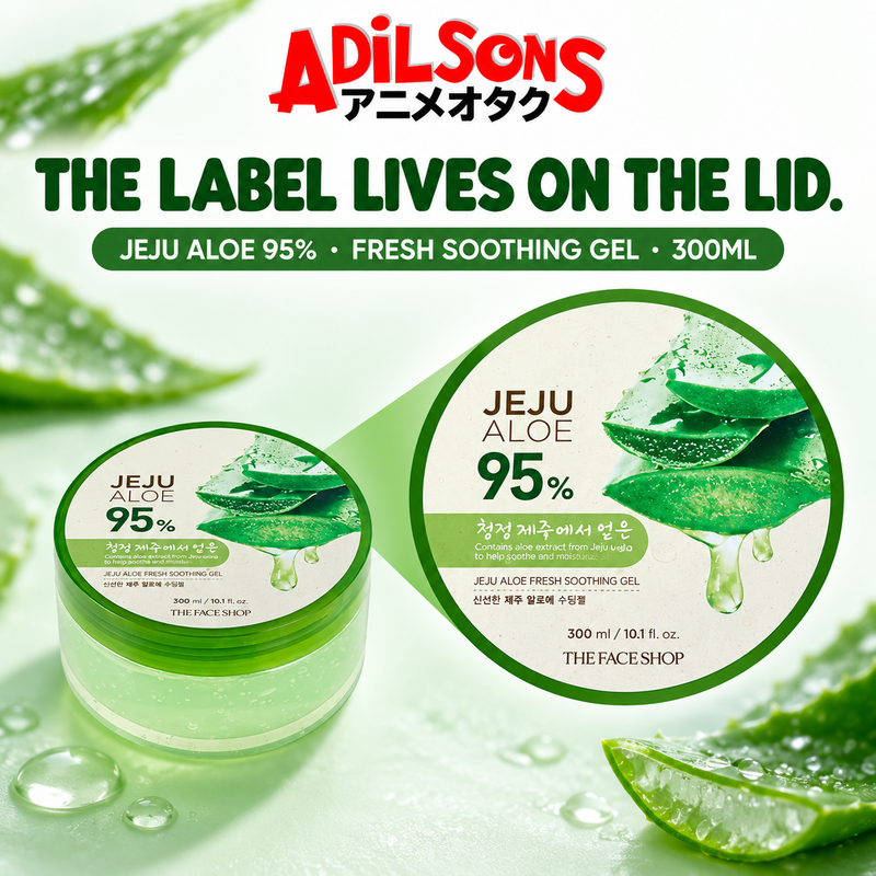 The Face Shop Jeju Aloe Fresh Soothing Gel 300ml round-tub creative: lid-label recognition.