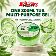 The exact 300ml Jeju Aloe round tub presented through distinct abstract gel modules.