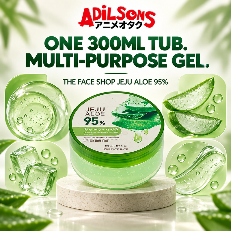 The exact 300ml Jeju Aloe round tub presented through distinct abstract gel modules.
