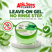 Leave-on Jeju Aloe gel format illustrated with a no-rinse symbol and continuous path.