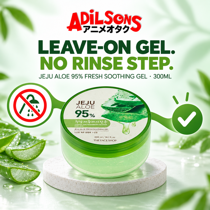 Leave-on Jeju Aloe gel format illustrated with a no-rinse symbol and continuous path.