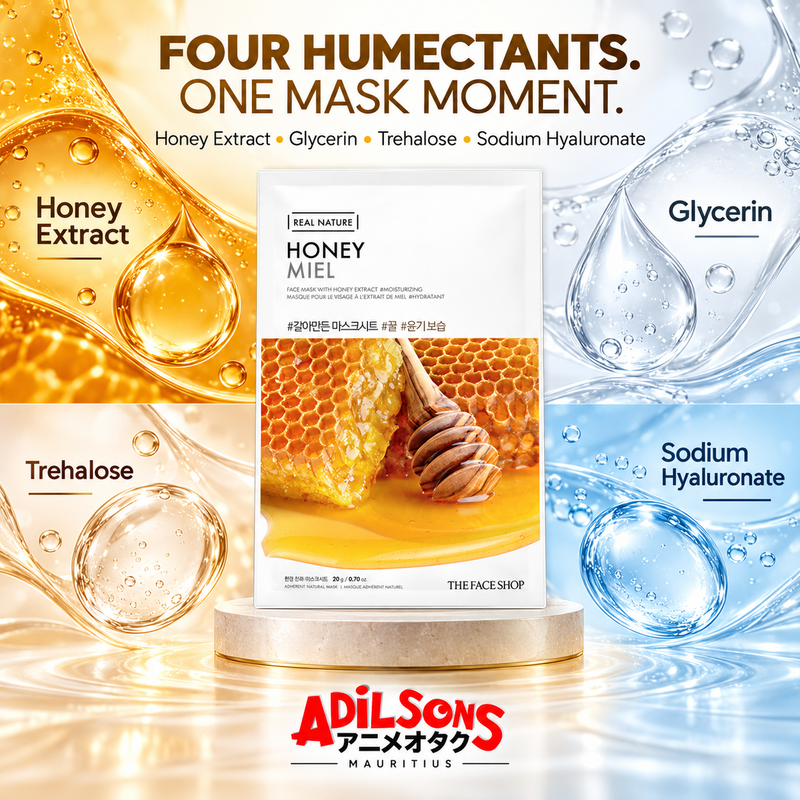 THE FACE SHOP Real Nature Honey Face Mask 20g ad: FOUR HUMECTANTS. ONE MASK MOMENT.