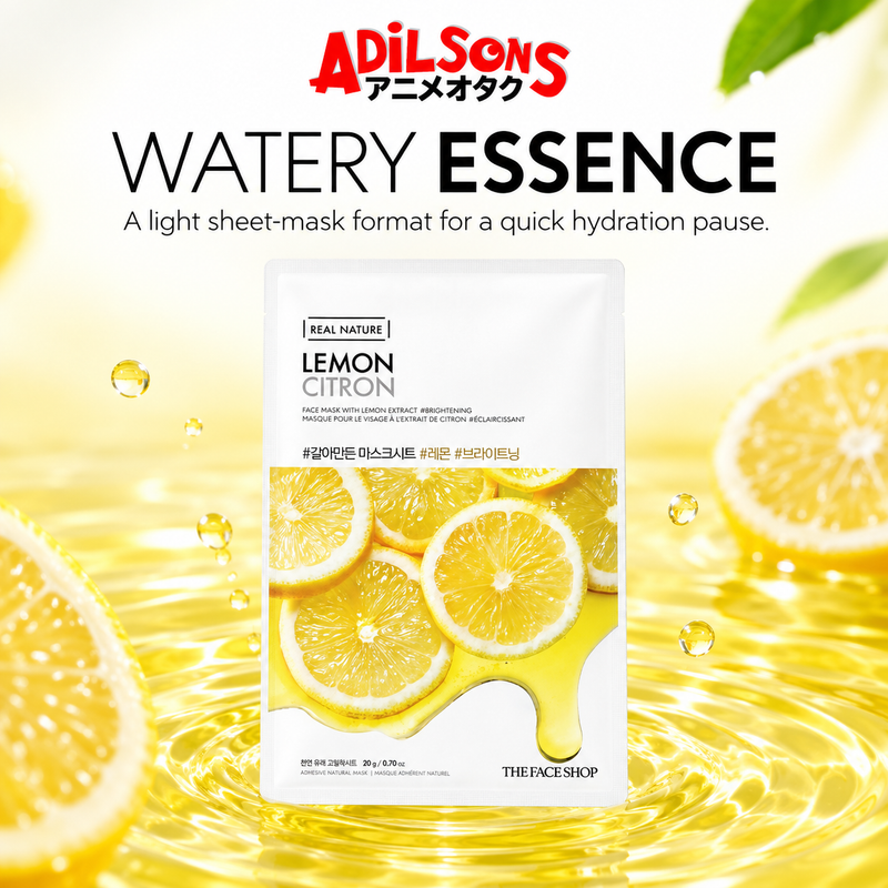 Adilsons Beauty The Face Shop Real Nature Lemon mask ad: WATERY ESSENCE / A light sheet-mask format for a quick hydration pause.