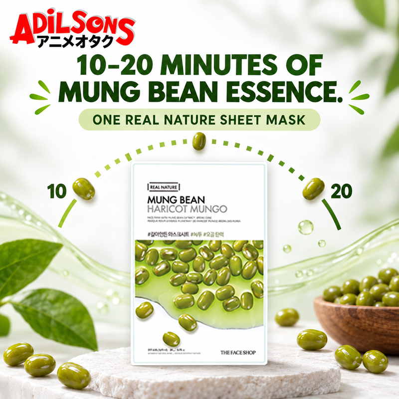 The Face Shop Real Nature Mung Bean mask creative: 10–20 minute wear time.