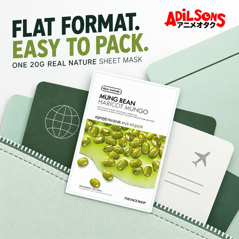 The Face Shop Real Nature Mung Bean mask creative: flat travel format.