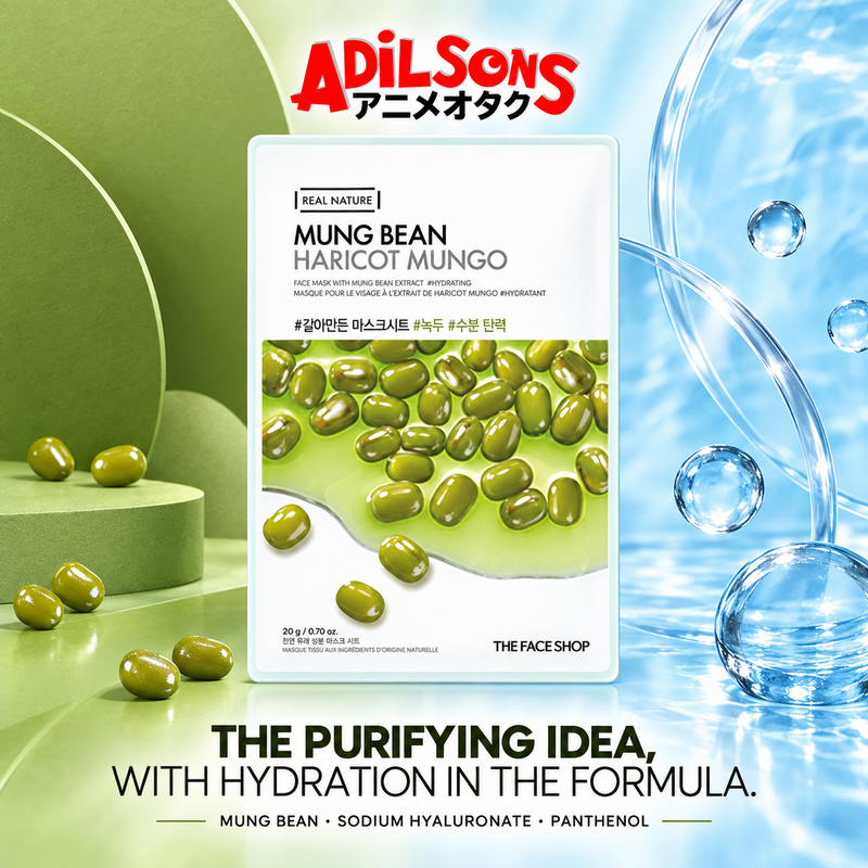 The Face Shop Real Nature Mung Bean mask creative: hydration-forward positioning.