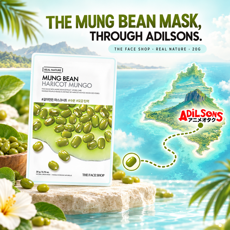 The Face Shop Real Nature Mung Bean mask connected to Adilsons by an abstract Mauritius route.