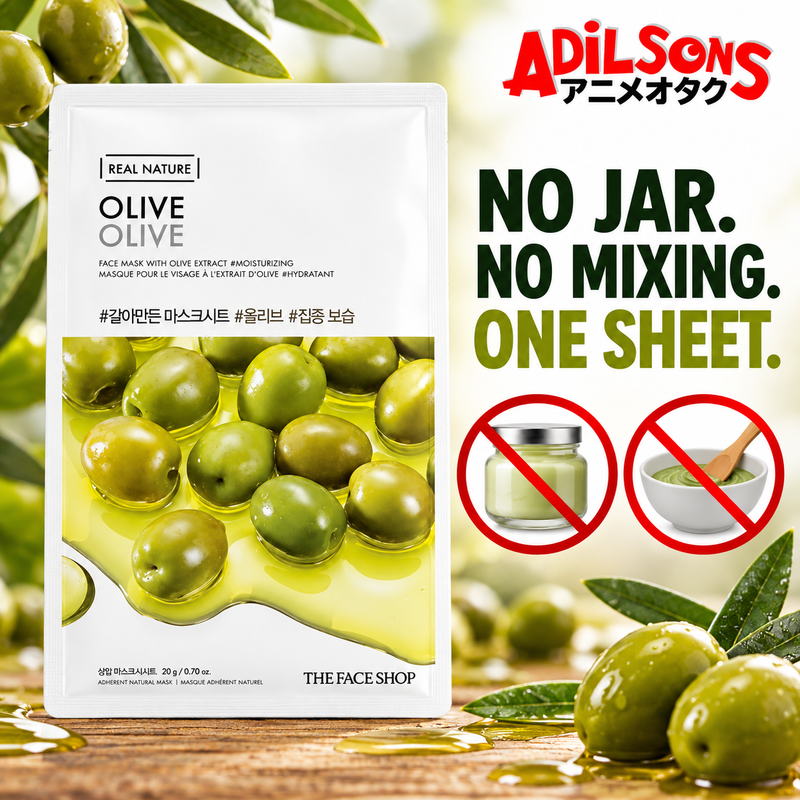 Adilsons creative for The Face Shop Real Nature Olive mask — NO JAR. NO MIXING. ONE SHEET.