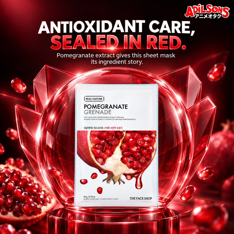 THE FACE SHOP Real Nature Pomegranate mask creative 2: ANTIOXIDANT CARE, SEALED IN RED.