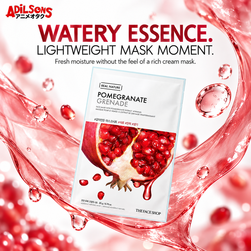 THE FACE SHOP Real Nature Pomegranate mask creative 5: WATERY ESSENCE. LIGHTWEIGHT MASK MOMENT.