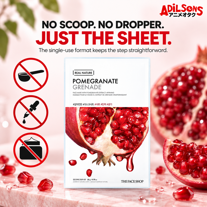 THE FACE SHOP Real Nature Pomegranate mask creative 8: NO SCOOP. NO DROPPER. JUST THE SHEET.