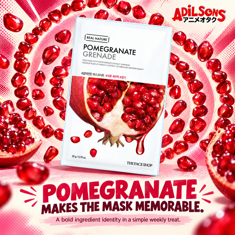 THE FACE SHOP Real Nature Pomegranate mask creative 15: POMEGRANATE MAKES THE MASK MEMORABLE.