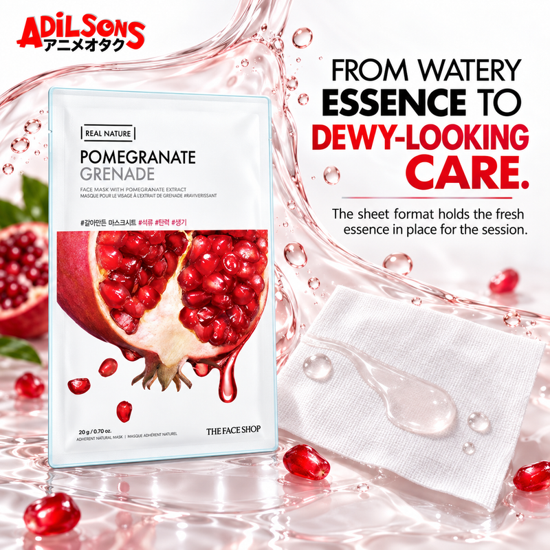 THE FACE SHOP Real Nature Pomegranate mask creative 16: FROM WATERY ESSENCE TO DEWY-LOOKING CARE.