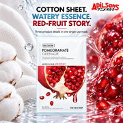 THE FACE SHOP Real Nature Pomegranate mask creative 18: COTTON SHEET. WATERY ESSENCE. RED-FRUIT STORY.