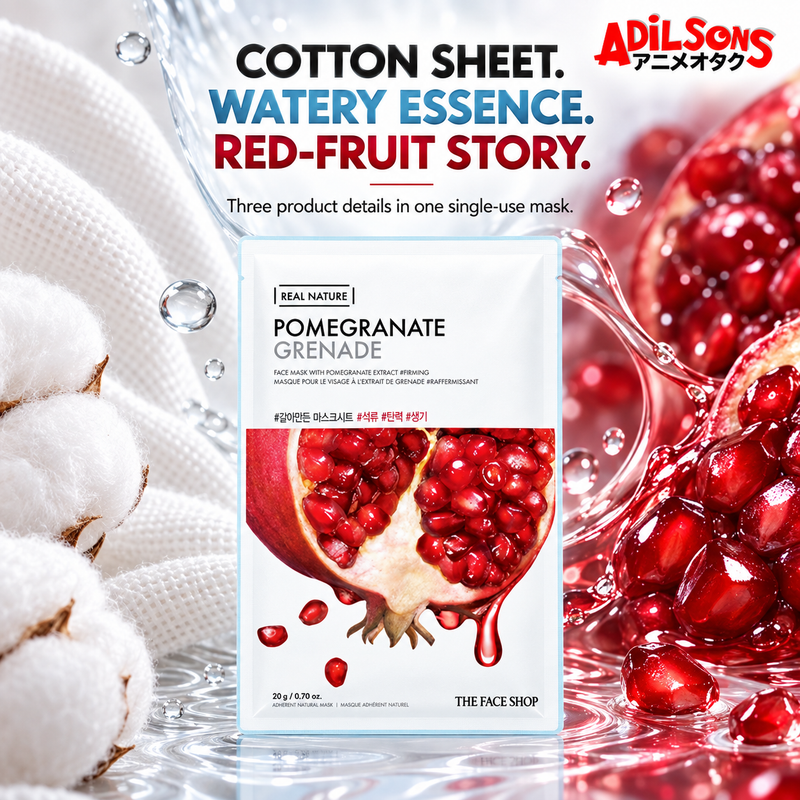 THE FACE SHOP Real Nature Pomegranate mask creative 18: COTTON SHEET. WATERY ESSENCE. RED-FRUIT STORY.