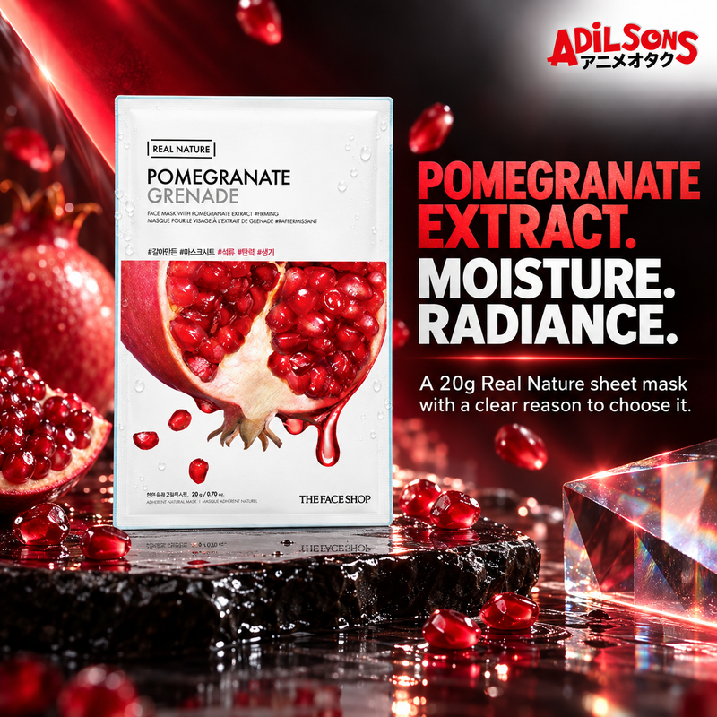THE FACE SHOP Real Nature Pomegranate mask creative 20: POMEGRANATE EXTRACT. MOISTURE. RADIANCE.
