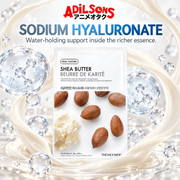 Adilsons Beauty The Face Shop Real Nature Shea Butter mask ad: SODIUM HYALURONATE / Water-holding support inside the richer essence.