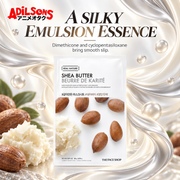 Adilsons Beauty The Face Shop Real Nature Shea Butter mask ad: A SILKY EMULSION ESSENCE / Dimethicone and cyclopentasiloxane bring smooth slip.