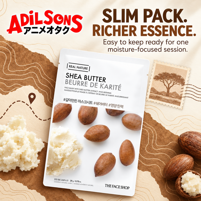 Adilsons Beauty The Face Shop Real Nature Shea Butter mask ad: SLIM PACK. RICHER ESSENCE. / Easy to keep ready for one moisture-focused session.