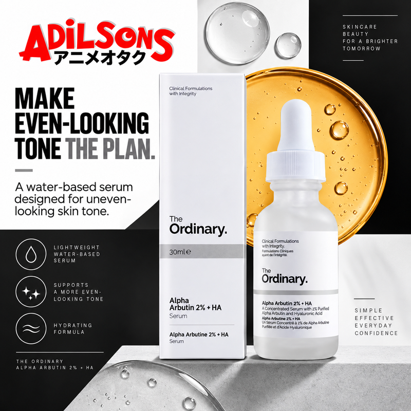 The Ordinary Alpha Arbutin 2% + HA 30ml ad: MAKE EVEN-LOOKING TONE THE PLAN.