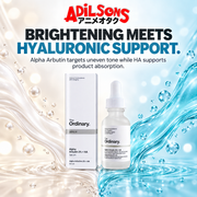 The Ordinary Alpha Arbutin 2% + HA 30ml ad: BRIGHTENING MEETS HYALURONIC SUPPORT.