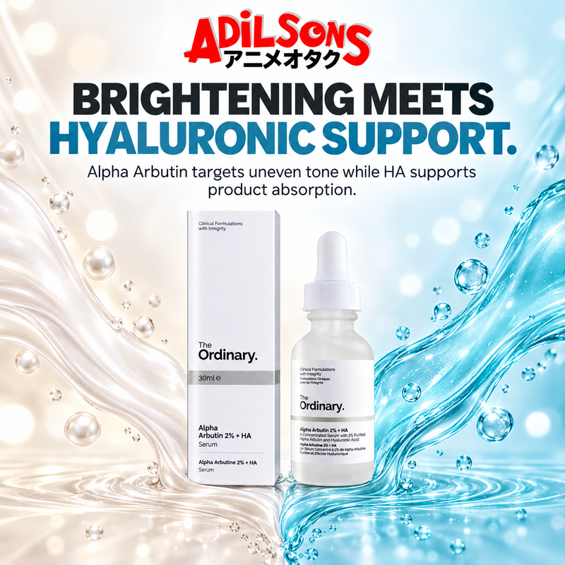 The Ordinary Alpha Arbutin 2% + HA 30ml ad: BRIGHTENING MEETS HYALURONIC SUPPORT.