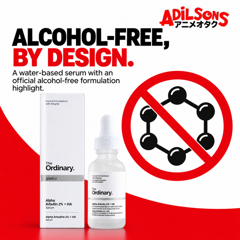 The Ordinary Alpha Arbutin 2% + HA 30ml ad: ALCOHOL-FREE, BY DESIGN.