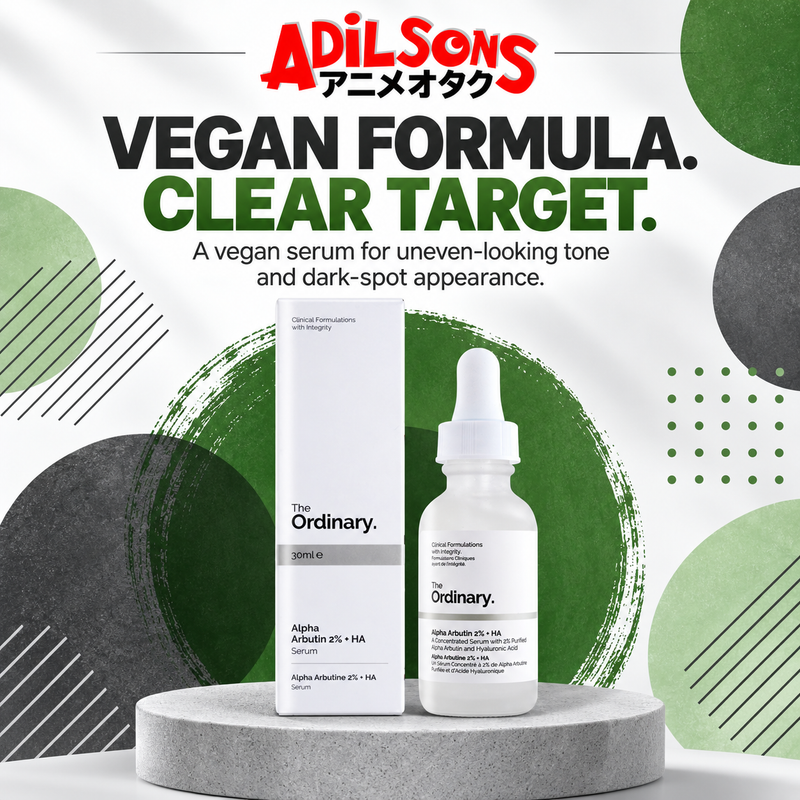The Ordinary Alpha Arbutin 2% + HA 30ml ad: VEGAN FORMULA. CLEAR TARGET.