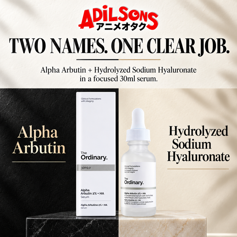 The Ordinary Alpha Arbutin 2% + HA 30ml ad: TWO NAMES. ONE CLEAR JOB.