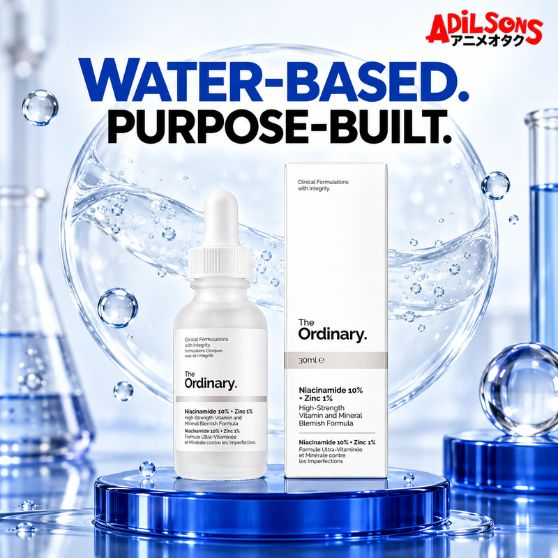 Adilsons creative for The Ordinary Niacinamide 10% + Zinc 1% 30ml — WATER-BASED. PURPOSE-BUILT.