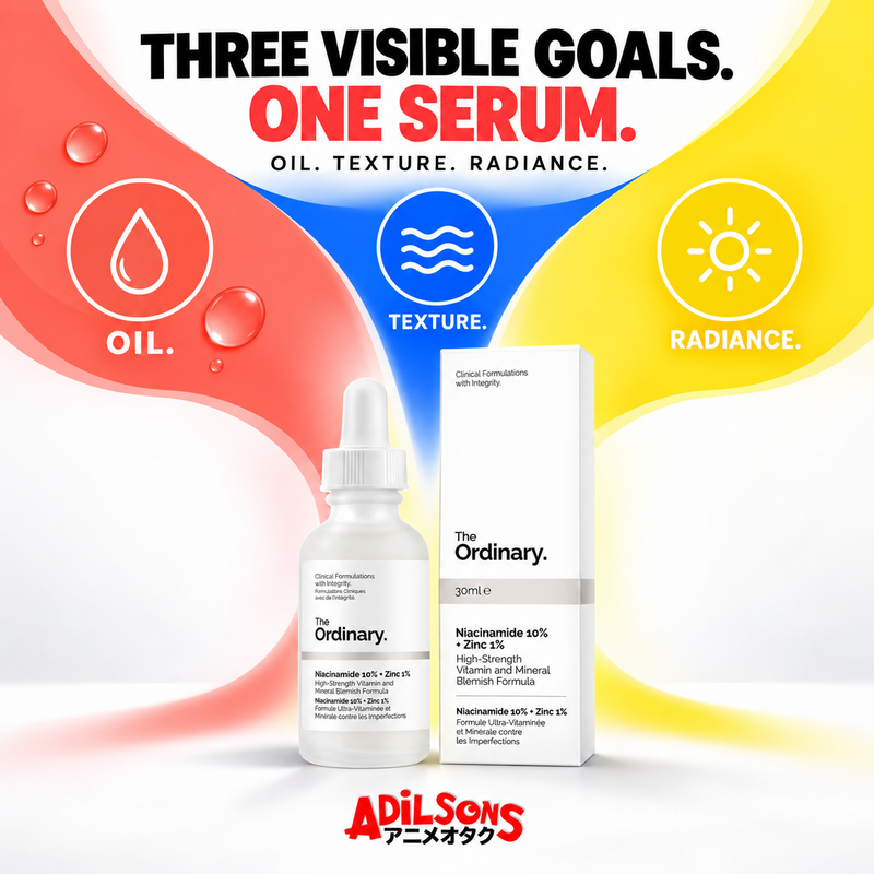 Adilsons creative for The Ordinary Niacinamide 10% + Zinc 1% 30ml — THREE VISIBLE GOALS. ONE SERUM.