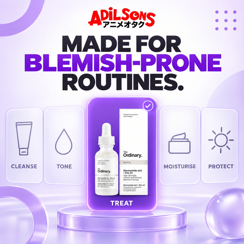 Adilsons creative for The Ordinary Niacinamide 10% + Zinc 1% 30ml — MADE FOR BLEMISH-PRONE ROUTINES.