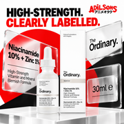 Adilsons creative for The Ordinary Niacinamide 10% + Zinc 1% 30ml — HIGH-STRENGTH. CLEARLY LABELLED.