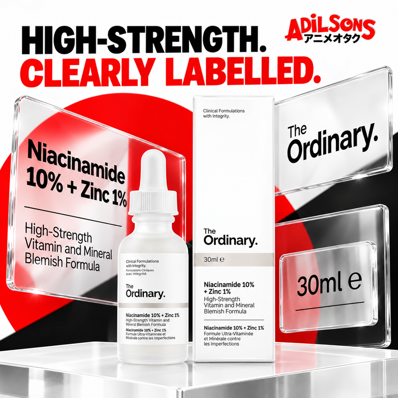Adilsons creative for The Ordinary Niacinamide 10% + Zinc 1% 30ml — HIGH-STRENGTH. CLEARLY LABELLED.