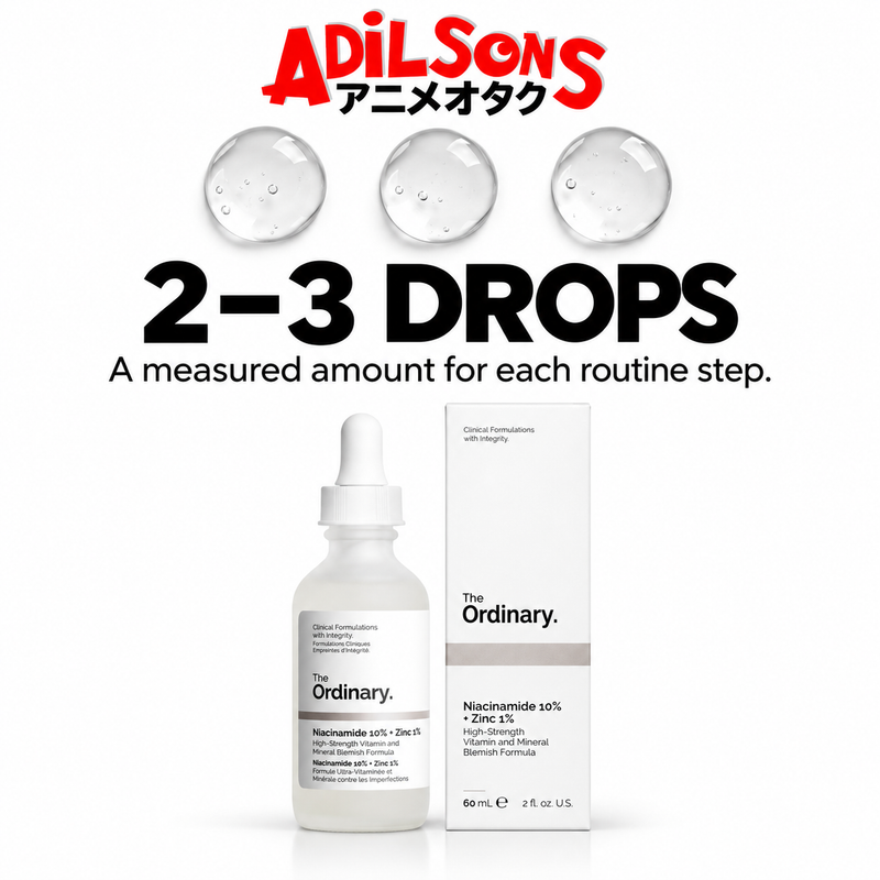 Adilsons Beauty The Ordinary Niacinamide 10% + Zinc 1% 60ml ad: 2–3 DROPS / A measured amount for each routine step.
