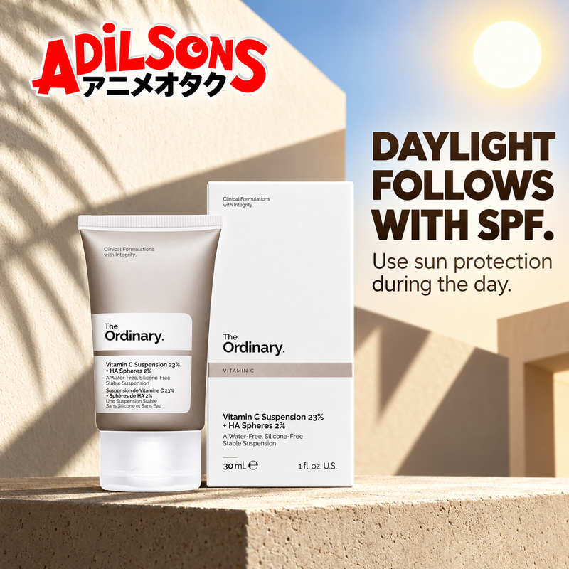 The Ordinary Vitamin C Suspension 23% + HA Spheres 2% 30ml ad: DAYLIGHT FOLLOWS WITH SPF.