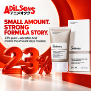 The Ordinary Vitamin C Suspension 23% + HA Spheres 2% ad: SMALL AMOUNT. STRONG FORMULA STORY.