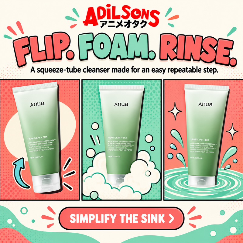 Adilsons creative for Anua Heartleaf Quercetinol Pore Deep Cleansing Foam 150ml — FLIP. FOAM. RINSE.