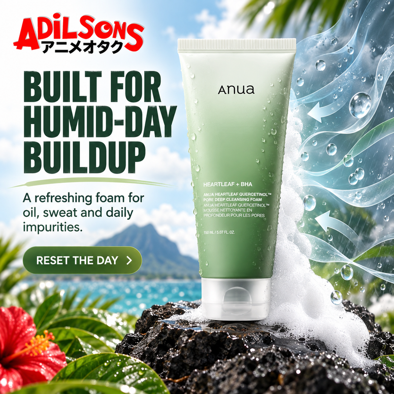 Adilsons creative for Anua Heartleaf Quercetinol Pore Deep Cleansing Foam 150ml — BUILT FOR HUMID-DAY BUILDUP