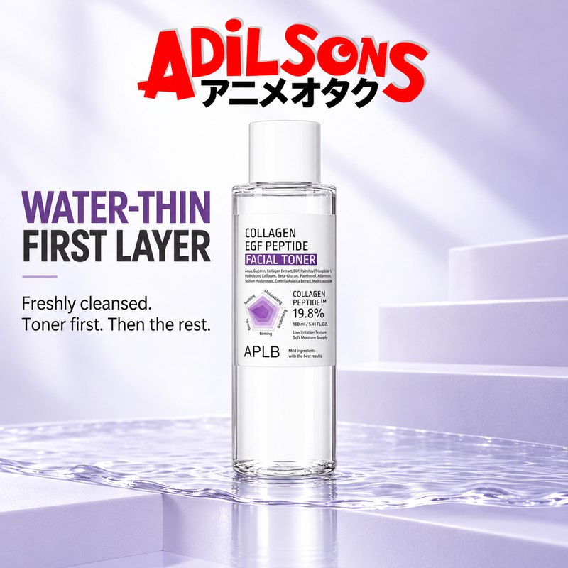 Adilsons Beauty APLB Collagen EGF Peptide Facial Toner 160ml ad: WATER-THIN FIRST LAYER / Freshly cleansed. Toner first. Then the rest.