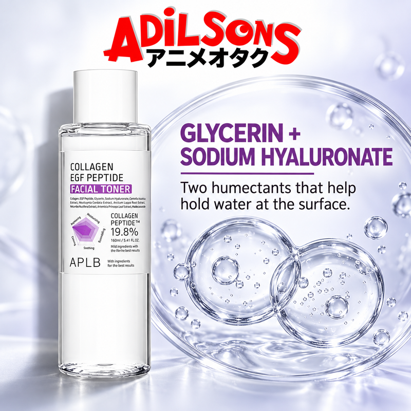 Adilsons Beauty APLB Collagen EGF Peptide Facial Toner 160ml ad: GLYCERIN + SODIUM HYALURONATE / Two humectants that help hold water at the surface.
